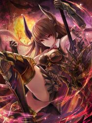 Rule 34 | 1girl, arm guards, armor, armored boots, armpits, arms at sides, ass, belt, black panties, black skirt, boots, breasts, brown hair, cleavage, commentary request, demon horns, dragon, draph, elbow gloves, forte (shingeki no bahamut), gloves, granblue fantasy, highres, holding, holding weapon, horns, leg up, long hair, looking at viewer, medium breasts, panties, pantyshot, photoshop (medium), pleated skirt, purple footwear, red eyes, revision, saya kuroha, shingeki no bahamut, shiny skin, skirt, sleeveless, solo, standing, standing on one leg, thigh boots, thighhighs, thighs, underwear, upskirt, weapon