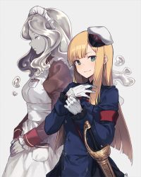 Rule 34 | 2girls, apron, blonde hair, buttons, closed mouth, closed eyes, fate/grand order, fate (series), gloves, golem, green eyes, hair between eyes, hat, looking at viewer, lord el-melloi ii case files, maid, maid headdress, military, military uniform, mini hat, multiple girls, nagu, parted lips, red ribbon, reines el-melloi archisorte, ribbon, sailor hat, sheath, sheathed, simple background, smile, sword, trimmau (fate), uniform, volumen hydragyrum (fate), weapon, white gloves, white headwear