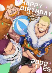 Rule 34 | 3boys, abs, bara, bare pectorals, beard, black gloves, blonde hair, brothers, buzz cut, cape, character name, charlotte daifuku, charlotte katakuri, charlotte oven, chest tattoo, confetti, covered mouth, crossed arms, earrings, english text, facial hair, forked eyebrows, fur collar, gloves, h59593451, hand on own hip, happy birthday, highres, hot, impossible hair, jewelry, looking at viewer, looking to the side, male focus, mature male, multiple boys, muscular, muscular male, one piece, open clothes, open mouth, open vest, orange eyes, orange hair, pants, pectorals, pencil as mustache, perspective, pink eyes, pink hair, scar, scar on face, scarf, short hair, shoulder pads, siblings, stitches, tattoo, thick eyebrows, triplets, upper body, very short hair, vest