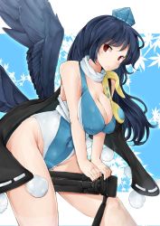 Rule 34 | 1girl, alternate costume, armor, autumn leaves, bird wings, black coat, blue background, blue hair, blush, bodystocking, breasts, cleavage, coat, commentary request, covered erect nipples, dot mouth, feathered wings, gem, hat, holding tripod, iizunamaru megumu, jyaoh0731, large breasts, leaf print, leotard, long hair, low wings, pauldrons, pointy ears, pom pom (clothes), red eyes, shoulder armor, simple background, single pauldron, sleeveless, sleeveless coat, solo, tengu, thighs, tokin hat, touhou, tripod, wings