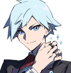 Rule 34 | 1boy, black jacket, blue eyes, blue hair, closed mouth, collared shirt, commentary request, creatures (company), game freak, hand up, highres, jacket, jewelry, long sleeves, male focus, necktie, nintendo, pokemon, pokemon oras, red necktie, ring, shirt, short hair, simple background, smile, solo, sparkle, steven stone, upper body, white background, white shirt, xia (ryugo)