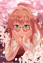 Rule 34 | 1girl, bow, brown hair, cherry blossoms, doki doki literature club, glasses, green eyes, hair bow, highres, long sleeves, looking at viewer, monika (doki doki literature club), outdoors, ponytail, shimayaeiko, smile, solo, sweater