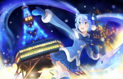 Rule 34 | 1girl, blue eyes, blue hair, blue mittens, blue thighhighs, clock, earmuffs, floating hair, hatsune miku, highres, long hair, matching hair/eyes, mittens, night, open mouth, outstretched arm, real world location, sapporo (city), sapporo tv tower, shirokichi, skirt, snow, solo, thighhighs, tokyo tower, twintails, very long hair, vocaloid, yuki miku