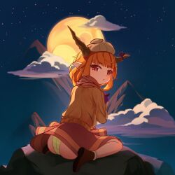 Rule 34 | 1girl, absurdres, alternate costume, ass, blunt bangs, brown eyes, brown footwear, brown horns, brown scarf, brown skirt, brown sweater, chinese commentary, cloud, commentary request, enpera, full body, full moon, gourd, highres, horns, ibuki suika, long hair, long sleeves, looking at viewer, looking back, medium bangs, moon, mountain, night, open mouth, orange hair, outdoors, panties, pantyshot, pointy ears, rrsuika, scarf, shoes, sitting, skirt, sky, slit pupils, solo, star (sky), starry sky, striped clothes, striped panties, sweater, touhou, underwear, wariza, wind, wind lift