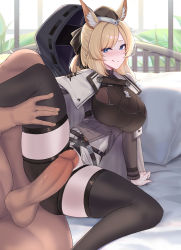 Rule 34 | 1girl, :q, absurdres, animal ears, arknights, armor, black bow, black headwear, black shorts, black thighhighs, blonde hair, blue eyes, blush, bow, breastplate, breasts, cape, censored, doctor (arknights), erection, hair bow, hat, highres, horse ears, kanta (kanta 077), kingdom of kazimierz logo, large breasts, licking lips, long hair, looking at viewer, male doctor (arknights), mask, mosaic censoring, shorts, spread legs, testicles, thigh grab, thighhighs, tongue, tongue out, whislash (arknights), white cape