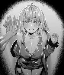 Rule 34 | 1boy, 1girl, absurdres, breasts, cleavage, collarbone, fate/grand order, fate (series), fujimaru ritsuka (male), greyscale, highres, hxd, jeanne d&#039;arc alter (fate), large breasts, looking at viewer, monochrome, pov, short hair, standing, thighs