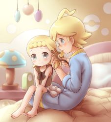 Rule 34 | 10s, 1boy, 1girl, asymmetrical hair, barefoot, bed, bed frame, bed sheet, blonde hair, blush, bonnie (pokemon), brother and sister, brush, brushing hair, child, clemont (pokemon), closed mouth, collarbone, creatures (company), feet, flat chest, game freak, glasses, highres, holding, indoors, lamp, nintendo, pillow, pokemon, pokemon xy, porocha, profile, siblings, sitting, smile