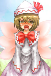 Rule 34 | 1girl, blonde hair, brown eyes, cosplay, female focus, harusame (unmei no ikasumi), hat, lily white, lily white (cosplay), lunasa prismriver, open mouth, outdoors, plant, ribbon, short hair, sky, solo, standing, touhou, wings, yellow eyes
