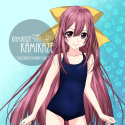 Rule 34 | 1girl, alternate costume, artist name, blue background, blue one-piece swimsuit, blush, bow, character name, collarbone, commentary request, cowboy shot, eyes visible through hair, flat chest, floral background, gradient background, hair between eyes, hair bow, inaba shiki, kamikaze (kancolle), kantai collection, long hair, looking at viewer, one-hour drawing challenge, one-piece swimsuit, purple eyes, purple hair, school swimsuit, smile, solo, swimsuit, yellow bow