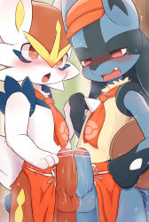 Rule 34 | 2boys, absurdres, animal ears, animal hands, apron, bar censor, black fur, blue fur, blush, body fur, censored, cinderace, creatures (company), erection, fang, foreskin, frottage, furry, furry male, furry with furry, game freak, gen 4 pokemon, gen 8 pokemon, half-closed eyes, hat, heart, heart in eye, highres, holding, holding tray, lucario, male focus, multiple boys, multiple penises, necktie, nintendo, open mouth, orange apron, orange headwear, orange necktie, penis, penises touching, poke ball print, pokemon, pokemon (creature), pokemon cafe remix, precum, rabbit ears, red eyes, red fur, saliva, smile, spikes, standing, sweat, symbol in eye, tail, tearing up, testicles, tray, trembling, waist apron, white fur, yaoi, yousan (pixiv540898)