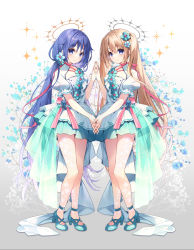 Rule 34 | 2girls, blue flower, blue footwear, blue hair, blush, brown hair, closed mouth, commentary request, dress, floral background, flower, full body, gradient background, grey background, hair between eyes, hair flower, hair ornament, halo, hand up, high heels, highres, holding hands, interlocked fingers, long hair, looking at viewer, low twintails, multiple girls, original, puffy short sleeves, puffy sleeves, purple eyes, shoes, short sleeves, smile, sparkle, standing, suimya, twintails, very long hair, white background, white dress