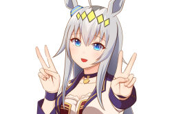 Rule 34 | 1girl, :d, ahoge, animal ears, black hair, blue choker, blue eyes, breasts, choker, cleavage, collarbone, commentary request, double v, grey hair, hair between eyes, horse ears, jacket, long sleeves, looking at viewer, medium breasts, multicolored hair, oguri cap (umamusume), open clothes, open jacket, open mouth, simple background, smile, solo, taka (takahirokun), two-tone hair, umamusume, v, white background, white jacket