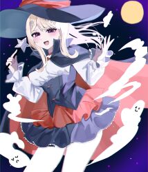 Rule 34 | 1girl, :d, akamatsu kaede, black cape, black hat, blush, breasts, cape, cowboy shot, danganronpa (series), danganronpa v3: killing harmony, fortissimo, ghost, hair ornament, hands up, hat, highres, holding, holding wand, large breasts, leaning forward, long sleeves, musical note, musical note hair ornament, open mouth, pink eyes, red cape, shirase aron (sisisiroo), shirt, smile, solo, star (symbol), wand, white shirt, witch, witch hat