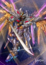 Rule 34 | denjyou23, glowing, glowing eyes, gundam, gundam seed, gundam seed freedom, highres, holding, holding sword, holding weapon, katana, light particles, mecha, mighty strike freedom gundam, mobile suit, no humans, robot, science fiction, solo, sword, v-fin, weapon, yellow eyes
