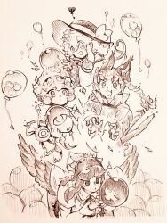 Rule 34 | 4girls, :d, animal ears, balloon, bird wings, blush, bow, braid, cape, cat ears, cat tail, commentary, dress, fang, feathered wings, fingernails, graphite (medium), hair between eyes, hair bow, hair ornament, hairband, hat, hat bow, heart, heart hair ornament, holding, holding balloon, kaenbyou rin, komeiji koishi, komeiji satori, lightning bolt symbol, long hair, looking at another, looking at object, medium hair, menotama, monochrome, multiple girls, multiple tails, open mouth, photo (medium), popping, puffy short sleeves, puffy sleeves, reiuji utsuho, sharp fingernails, shirt, short hair, short sleeves, smile, static electricity, surprised, sweatdrop, symbol-only commentary, tail, third eye, touhou, traditional media, twin braids, two tails, wings