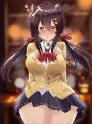 Rule 34 | 1girl, absurdres, azur lane, bell, blush, bow, breasts, brown eyes, brown hair, button gap, cardigan, commentary request, drunk, hair between eyes, hair ornament, hairclip, highres, horns, large breasts, long hair, long sleeves, looking at viewer, nagara (azur lane), pleated skirt, shirt, skirt, solo, tonchinkan, twintails, white shirt