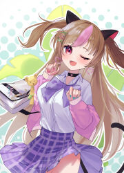 Rule 34 | 1girl, absurdres, bag, black choker, bow, bowtie, brown hair, cardigan, cardigan pull, cat tail, choker, collared shirt, commentary, cowboy shot, earrings, english commentary, fang, girls&#039; frontline, green nails, heart, heart earrings, highres, jewelry, ksagi, long hair, looking at viewer, mk23 (girls&#039; frontline), mk23 (new term begins with a meow) (girls&#039; frontline), nail polish, official alternate costume, one eye closed, pink cardigan, pink nails, purple bow, purple bowtie, purple skirt, red eyes, school bag, school uniform, shirt, skin fang, skirt, smile, solo, tail, two side up, very long hair, white shirt