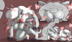 Rule 34 | 1boy, 1girl, ass grab, bald, breasts, colored skin, creatures (company), doggystyle, enigi09, game freak, gen 5 pokemon, grabbing, grabbing another&#039;s ass, grabbing from behind, grey skin, heart, highres, hisuian zoroark, huge breasts, huge penis, legs up, lying, lying on person, mating press, nintendo, on person, penis, pokemon, pokemon bw, sex, sex from behind, speech bubble, testicles, vaginal