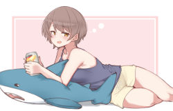 Rule 34 | 1girl, :d, azu ankoowl, bare arms, bare shoulders, black camisole, blush, breasts, brown eyes, brown hair, camisole, card, commentary, feet out of frame, highres, holding, holding card, looking at viewer, medium breasts, open mouth, original, pink background, short shorts, shorts, smile, solo, stuffed animal, stuffed shark, stuffed toy, symbol-only commentary, two-tone background, white background, yellow shorts