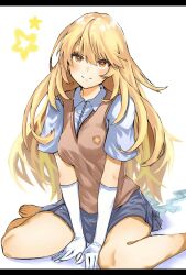Rule 34 | 1girl, barefoot, between legs, blonde hair, breasts, brown sweater vest, closed mouth, collared shirt, commentary, elbow gloves, gloves, grey skirt, hair between eyes, hand between legs, highres, long hair, looking at viewer, medium breasts, miniskirt, school emblem, school uniform, shirt, shokuhou misaki, short sleeves, simple background, sitting, skirt, smile, solo, sparkling eyes, star (symbol), summer uniform, sweater vest, toaru kagaku no mental out, toaru kagaku no railgun, toaru majutsu no index, tokiwadai school uniform, v-neck, very long hair, white gloves, white shirt, yamada (iroha97151188), yellow eyes
