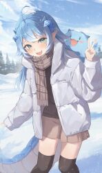Rule 34 | 1girl, absurdres, ahoge, aqua eyes, black thighhighs, blue hair, breasts, brown scarf, brown sweater, cloud, coat, cropped legs, double-parted bangs, dragon girl, dragon horns, dragon tail, exitus, gradient hair, highres, horns, light brown skirt, long hair, looking at viewer, mascot, midori xu, miniskirt, multicolored hair, paroniie (vtuber), pine tree, pleated skirt, pointy ears, scales, scarf, sidelocks, skirt, sky, slit pupils, snow, snow on head, standing, striped clothes, striped scarf, sweater, tagme, tail, thighhighs, tree, two-tone hair, v, virtual youtuber, white coat, white hair