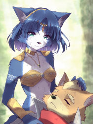 Rule 34 | 1boy, 1girl, :3, animal ear fluff, animal ears, animal nose, aqua eyes, arm tattoo, armor, bandana, bandeau, bare shoulders, blonde hair, blue fur, blue hair, blurry, blurry background, body fur, breasts, brown fur, choker, circlet, closed eyes, closed mouth, collarbone, crystal, day, fox boy, fox ears, fox girl, fox mccloud, fox tail, furry, furry female, furry male, gem, green background, green gemstone, hairband, hand on another&#039;s head, happy, high collar, highres, jacket, jewelry, krystal, lap pillow, looking at another, looking down, namagaki yukina, necklace, nintendo, open clothes, open jacket, outdoors, parted lips, red gemstone, revision, scratches, short hair, shoulder armor, small breasts, smile, snout, solo focus, star fox, star fox adventures, tail, tattoo, tribal, two-tone fur, upper body, vambraces, white fur, white jacket, yellow choker, yellow fur, yellow hairband