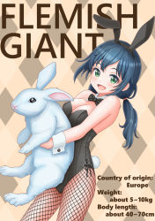 Rule 34 | 1girl, absurdres, animal ears, black bow, black bowtie, black leotard, blue hair, bow, bowtie, breasts, rabbit, cleavage, cowboy shot, detached collar, fake animal ears, green eyes, highres, leotard, long hair, looking at viewer, low twintails, medium breasts, original, pantyhose, playboy bunny, rabbit ears, rabbit tail, smile, standing, stats, strapless, strapless leotard, tail, twintails, wrist cuffs, yachiyo naga