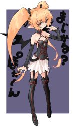 Rule 34 | 1girl, bare shoulders, black footwear, blonde hair, blush, boots, closed mouth, collarbone, covered navel, detached sleeves, fingernails, garter straps, half-closed eyes, kasa (hitori sanka), knee boots, long hair, nail polish, original, pink nails, pointy ears, red eyes, sharp fingernails, smile, solo, standing, twintails, vampire