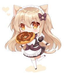 Rule 34 | 1girl, animal ears, apron, black dress, black footwear, blush, bow, brown bow, brown eyes, cat ears, colored shadow, doughnut, dress, food, food in mouth, frilled apron, frills, hair between eyes, hair bow, heart, highres, light brown hair, long hair, maid, mouth hold, original, puffy short sleeves, puffy sleeves, shadow, shikito (yawa0w0), shoes, short sleeves, simple background, solo, standing, standing on one leg, thighhighs, two side up, very long hair, white apron, white background, white thighhighs