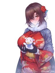 Rule 34 | 1girl, black gloves, blush, breasts, flower, gloves, hair flower, hair ornament, highres, holding, holding toy, horns, japanese clothes, kimono, large breasts, medium hair, orange eyes, original, rebe11, red flower, red kimono, solo, stuffed cow, toy
