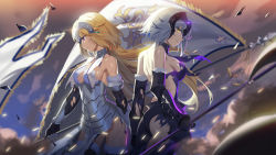 Rule 34 | 2girls, absurdres, armored ress, ass, banner, black dress, black gloves, black legwear, blonde hair, breasts, cowboy shot, dress, elbow gloves, fate (series), floating hair, from side, gaunlters, gloves, highres, holding, holding weapon, jeanne d&#039;arc (fate), jeanne d&#039;arc (ruler) (fate), jeanne d&#039;arc (third ascension) (fate), jeanne d&#039;arc alter (avenger) (fate), jeanne d&#039;arc alter (avenger) (third ascension) (fate), jeanne d&#039;arc alter (fate), long hair, looking at viewer, maomaozi, medium breasts, multiple girls, parted lips, purple eyes, short hair, sideboob, silver hair, smile, standing, thighhighs, torn clothes, torn dress, very long hair, weapon, white dress, yellow eyes