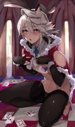 Rule 34 | 1boy, animal ears, asymmetrical hair, black legwear, blush, bulge, cape, card, commentary request, corrin (fire emblem), corrin (male) (fire emblem), covered erect nipples, crossdressing, elbow gloves, embarrassed, eyelashes, fake animal ears, fingerless gloves, fire emblem, fire emblem fates, full body, fur trim, gloves, hair between eyes, high heels, highres, looking at viewer, male focus, male playboy bunny, meme attire, navel, nintendo, open mouth, playing card, playing games, pointy ears, rabbit ears, red eyes, red footwear, reverse bunnysuit, reverse outfit, shadow, shiny skin, silver hair, single sidelock, sleeve cuffs, solo, squatting, thighs, toned, toned male, trap, w (1999 kyu), wrist cuffs