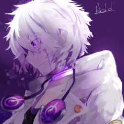 Rule 34 | 1boy, add (elsword), aki (a2006p1074), character name, coat, elsword, grin, male focus, purple background, purple eyes, purple theme, smile, solo, tattoo, tracer (elsword), white hair