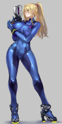 Rule 34 | 1girl, aqua eyes, blue bodysuit, bodysuit, breasts, commentary request, covered collarbone, covered erect nipples, covered navel, full body, glowing, grey background, gun, high heels, highres, holding, holding weapon, large breasts, long hair, looking at viewer, metroid, negresco, neon trim, nintendo, parted lips, ponytail, samus aran, shiny clothes, sidelocks, simple background, skin tight, solo, standing, swept bangs, turtleneck, weapon, zero suit