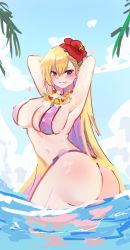 Rule 34 | 1girl, absurdres, areola slip, arms behind head, ass, bikini, blonde hair, blush, boryeon (last origin), breasts, cheong 3374, colored inner hair, crossed bangs, day, flower, flower necklace, grin, gyaru, hair between eyes, hair flower, hair ornament, heart, heart-shaped pupils, hibiscus, highres, jewelry, kogal, large breasts, last origin, lei, long hair, looking at viewer, mole, mole on breast, multicolored hair, necklace, outdoors, purple eyes, purple hair, sketch, smile, swimsuit, symbol-shaped pupils, thighs, two-tone hair, very long hair, wading, water, wet