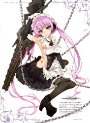 Rule 34 | 1girl, absurdres, ass, bare back, bare hips, bare shoulders, breasts, butt crack, chain, elbow gloves, gloves, green eyes, hand up, high heels, highres, hip vent, isekai maou to shoukan shoujo no dorei majutsu, legs, long hair, looking at viewer, maid, maid headdress, on ground, open mouth, pantyhose, pink hair, rose (isekai maou), spread legs, sword, twintails, weapon