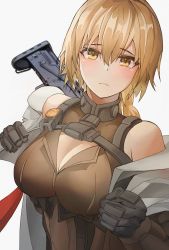 Rule 34 | 1girl, absurdres, assault rifle, black gloves, blonde hair, blush, breasts, brown shirt, bullpup, cleavage, closed mouth, girls&#039; frontline, girls&#039; frontline 2: exilium, gloves, gun, gun on back, hair ornament, highres, long hair, looking at viewer, medium breasts, ots-14 (girls&#039; frontline), ots-14 groza, rifle, gun on back, shirt, solo, umber00, upper body, weapon, weapon on back, yellow eyes