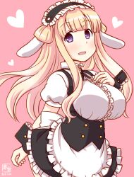 Rule 34 | 1girl, animal ears, apron, artist logo, black hairband, blonde hair, breasts, center frills, cosplay, covered navel, cowboy shot, dated, double bun, fake animal ears, fletcher (kancolle), fleur de lapin uniform, floppy ears, frilled apron, frilled cuffs, frilled hairband, frilled shirt, frills, gochuumon wa usagi desu ka?, gradient background, hair bun, hairband, kanon (kurogane knights), kantai collection, kirima syaro, kirima syaro (cosplay), large breasts, lolita hairband, long hair, looking at viewer, one-hour drawing challenge, open mouth, pink background, puffy short sleeves, puffy sleeves, purple eyes, rabbit ears, shirt, short sleeves, smile, solo, underbust, waist apron, waitress, white apron, wrist cuffs
