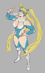 Rule 34 | 1girl, blonde hair, blue eyes, boots, breasts, cleavage cutout, clothing cutout, hand on own hip, highres, large breasts, long hair, mask, rainbow mika, sheep shin, street fighter, twintails, v, very long hair, wrestling outfit