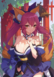 Rule 34 | 1girl, animal ear fluff, animal ears, bare shoulders, blue kimono, breasts, catsmoon, cleavage, detached collar, detached sleeves, fate/extra, fate (series), fox ears, fox girl, fox tail, hair between eyes, highres, japanese clothes, kimono, large breasts, obi, outdoors, pelvic curtain, pink hair, sash, short kimono, smile, solo, tail, tamamo (fate), tamamo no mae (fate/extra), wide sleeves, yellow eyes