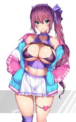 Rule 34 | 1girl, artist name, bare shoulders, bikini, bikini top only, black bikini, blush, breasts, cleavage, demon horns, fake horns, green eyes, hair ribbon, hands in pockets, highres, horns, jacket, large breasts, long hair, looking at viewer, mataro (matarou), navel, original, parted lips, pleated skirt, purple hair, ribbon, shiny skin, side ponytail, simple background, skindentation, skirt, solo, standing, swimsuit, thigh strap, white skirt