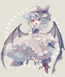 1girl absurdres bat_wings blue_hair commentary_request dress full_body grey_background hat high_heels highres mob_cap muted_color nikorashi-ka open_mouth pink_dress pink_hat red_eyes red_nails remilia_scarlet simple_background solo touhou vampire wings