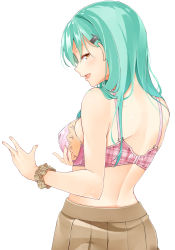 Rule 34 | 10s, 1girl, back, blush, bra, breast hold, breasts, brown skirt, byte (allbyte), from behind, green hair, hair ornament, hairclip, highres, kantai collection, long hair, looking at viewer, looking back, naughty face, pink bra, plaid, plaid bra, profile, scrunchie, sideboob, simple background, skirt, smile, solo, suzuya (kancolle), underwear, white background, wrist cuffs, wrist scrunchie, yellow eyes