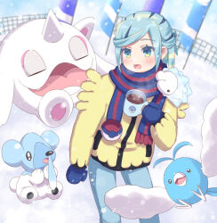 Rule 34 | 1boy, :d, aqua eyes, blue mittens, blush, cetoddle, commentary request, creatures (company), cubchoo, cup, day, eyelashes, game freak, gen 3 pokemon, gen 5 pokemon, gen 8 pokemon, green hair, grusha (pokemon), happy, holding, holding cup, ichigomilk1515, jacket, long sleeves, male focus, mug, nintendo, on shoulder, open mouth, outdoors, pants, pokemon, pokemon (creature), pokemon (game), pokemon on shoulder, pokemon sv, smile, snom, snowing, standing, steam, swablu, tongue, yellow jacket
