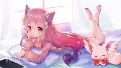 Rule 34 | 1girl, :o, animal ears, arm support, bad id, bad pixiv id, barefoot, bed sheet, bell, blue bow, blush, bow, cat ears, collared dress, commission, creature, curtains, day, dress, gradient hair, hair between eyes, hair bow, jingle bell, legs up, long hair, long sleeves, looking at viewer, low-tied long hair, lying, mechuragi, multicolored hair, on bed, on stomach, original, parted lips, pillow, pink dress, pink hair, red bow, red eyes, red hair, see-through, soles, solo, striped, striped bow, sunlight, tablet pc, white bow, white wings, window, wings