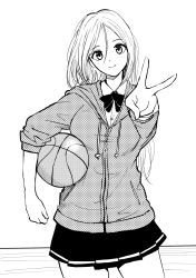 Rule 34 | 1girl, ball, basketball, basketball (object), blush, bow, bowtie, breasts, buttons, carrying, carrying under arm, clenched hand, closed mouth, collared shirt, commentary request, cowboy shot, dress shirt, grey background, greyscale, hair between eyes, halftone, highres, hood, hood down, hoodie, kajino (aosansai), kuroko no basuke, long hair, looking at viewer, medium breasts, momoi satsuki, monochrome, pleated skirt, school uniform, shirt, skirt, smile, solo, standing, v