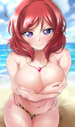 Rule 34 | 1girl, absurdres, alternate breast size, alternate costume, annoyed, beach, bikini, bikini bottom only, blue sky, breasts, cleavage, closed mouth, cloud, collarbone, commentary, covering privates, covering breasts, day, highres, jewelry, kirisaki reina, large breasts, lens flare, looking at viewer, love live!, love live! school idol project, medium hair, navel, necklace, nishikino maki, ocean, outdoors, purple eyes, red hair, sand, sky, solo, swimsuit, topless, tsurime, untied bikini, v-shaped eyebrows, wavy mouth, yellow bikini