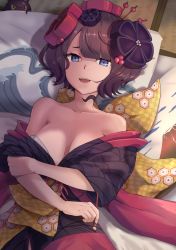 Rule 34 | 1girl, :d, bare shoulders, black flower, black kimono, blue eyes, blunt bangs, bow, breasts, brown hair, calligraphy brush, checkered bow, checkered clothes, cleavage, collarbone, fate (series), flower, from above, futon, hair bobbles, hair flower, hair ornament, hair stick, highres, holding, holding brush, hsin, japanese clothes, katsushika hokusai (fate), kimono, large bow, looking at viewer, lying, medium breasts, octopus, off shoulder, on back, open mouth, paintbrush, peeking, pillow, print pillow, red flower, short hair, sleeves past elbows, smile, solo, tatami, teeth, undressing, upper body, upper teeth only, wide sleeves, yellow bow
