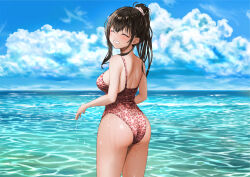 Rule 34 | 1girl, ^ ^, ass, bare arms, bare shoulders, black hair, blue sky, breasts, closed eyes, cloud, cloudy sky, day, facing viewer, from behind, gibun (sozoshu), grin, highres, horizon, light blush, medium breasts, ocean, one-piece swimsuit, original, outdoors, pink one-piece swimsuit, pink scrunchie, ponytail, print swimsuit, scrunchie, shoulder blades, sky, smile, solo, swimsuit, turning head, wet, wet hair