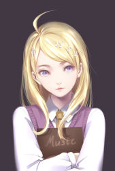 Rule 34 | 10s, 1girl, ahoge, akamatsu kaede, beamed quavers, blonde hair, blue eyes, book, closed mouth, collared shirt, crotchet, danganronpa (series), danganronpa v3: killing harmony, dark background, dress shirt, english text, eyelashes, fortissimo, hair ornament, hairclip, highres, holding, lips, long hair, long sleeves, looking at viewer, looking to the side, multicolored eyes, musical note, musical note hair ornament, necktie, purple eyes, quaver, red eyes, school uniform, shi er xian, shirt, simple background, solo, sweater vest, upper body, white shirt, yellow eyes, yellow necktie